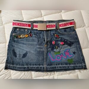 Embroidered Patchwork Denim Skirt with Belt